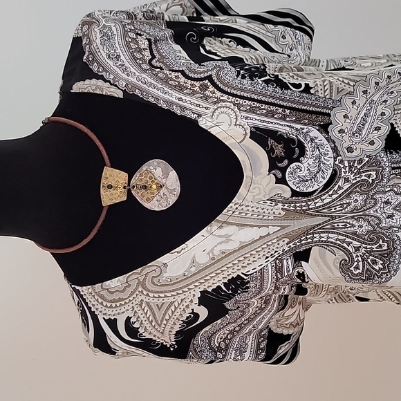 Lascana for Venus V-NECK  paisley brown, cream & black tunic belted top  sz S - Picture 2 of 13